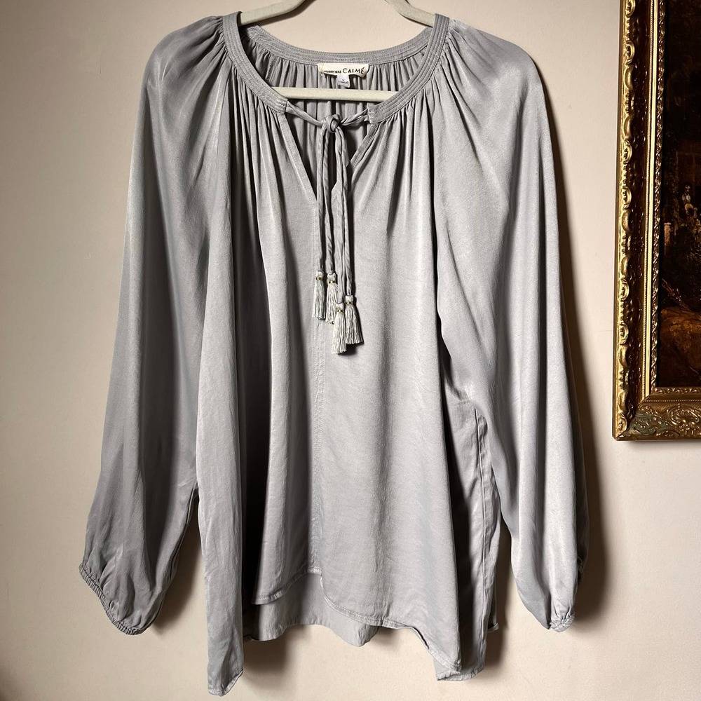 Calme by Johnny Was Gray Peasant Fringe Double Tassel Top